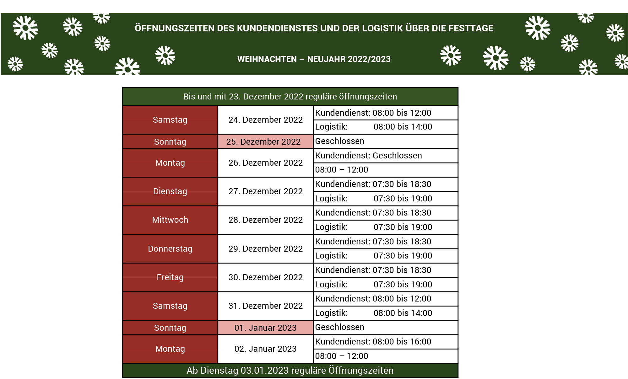 de holidays schedule